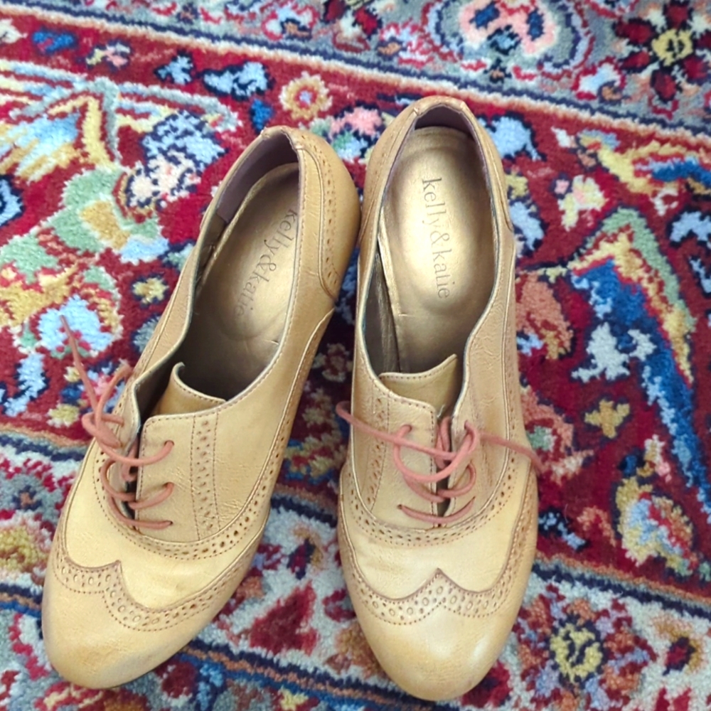 Kelly & Katie Beige/Tan Wingtip Lace-Up Heels